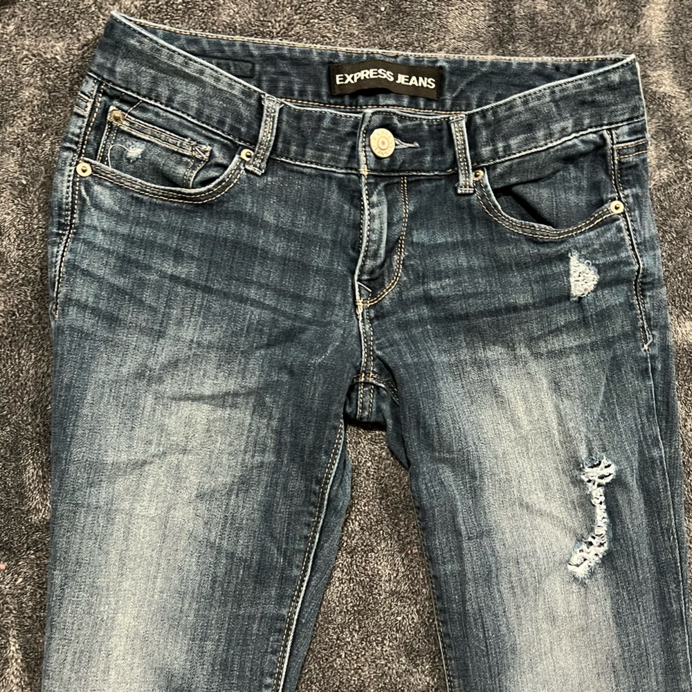 Express blue and navy distressed jeans. stella low rise